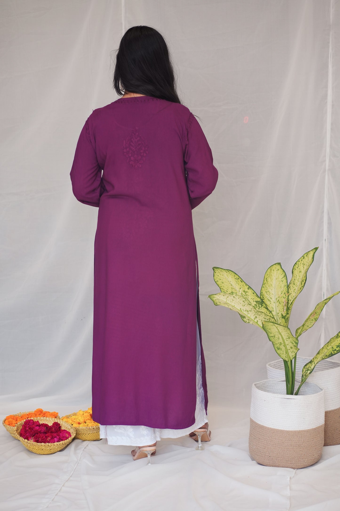 Riza Rayon Chikankari Long Kurta ( Purple)