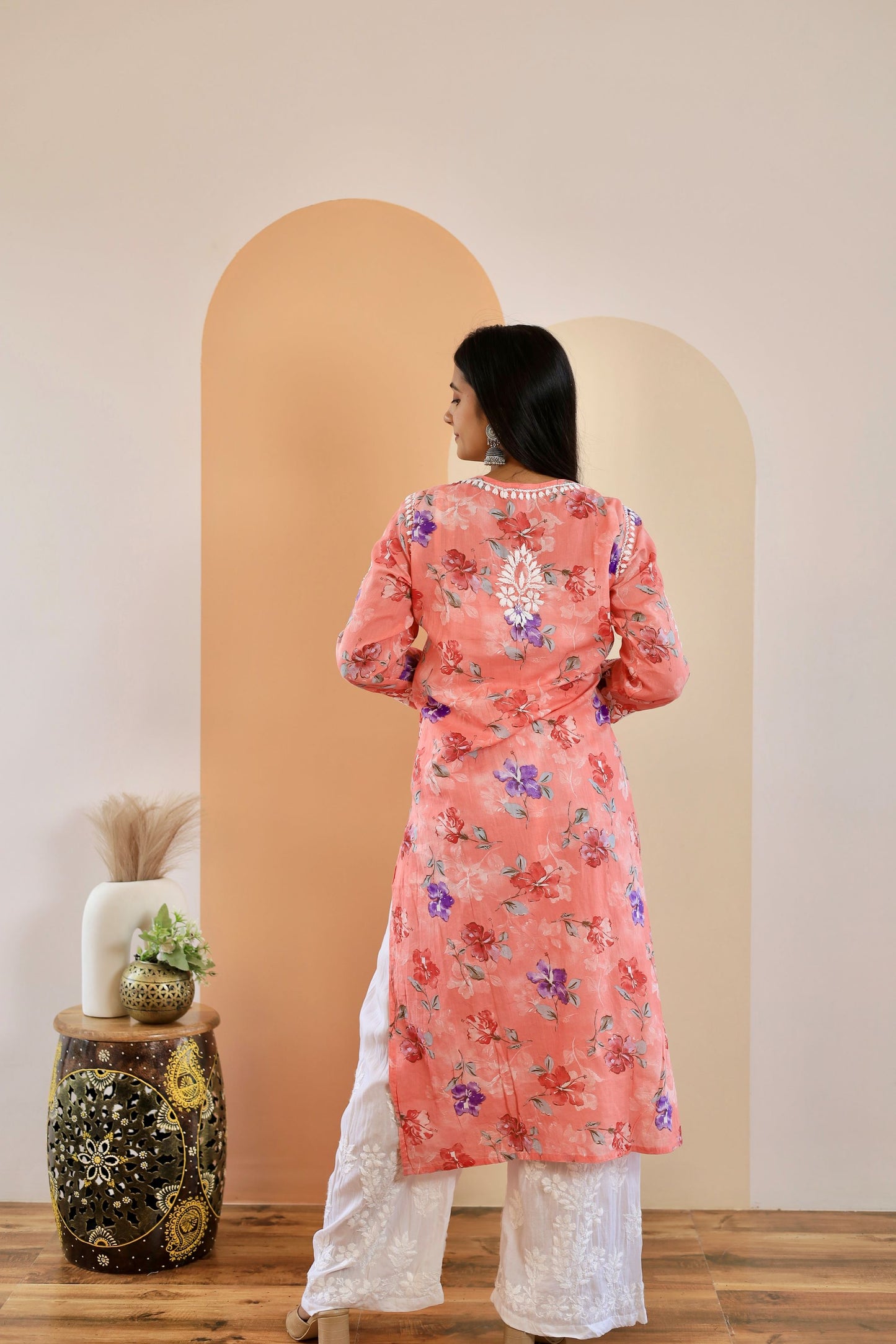 Rahat Long Mul Chikankari Kurti (Carrot pink)