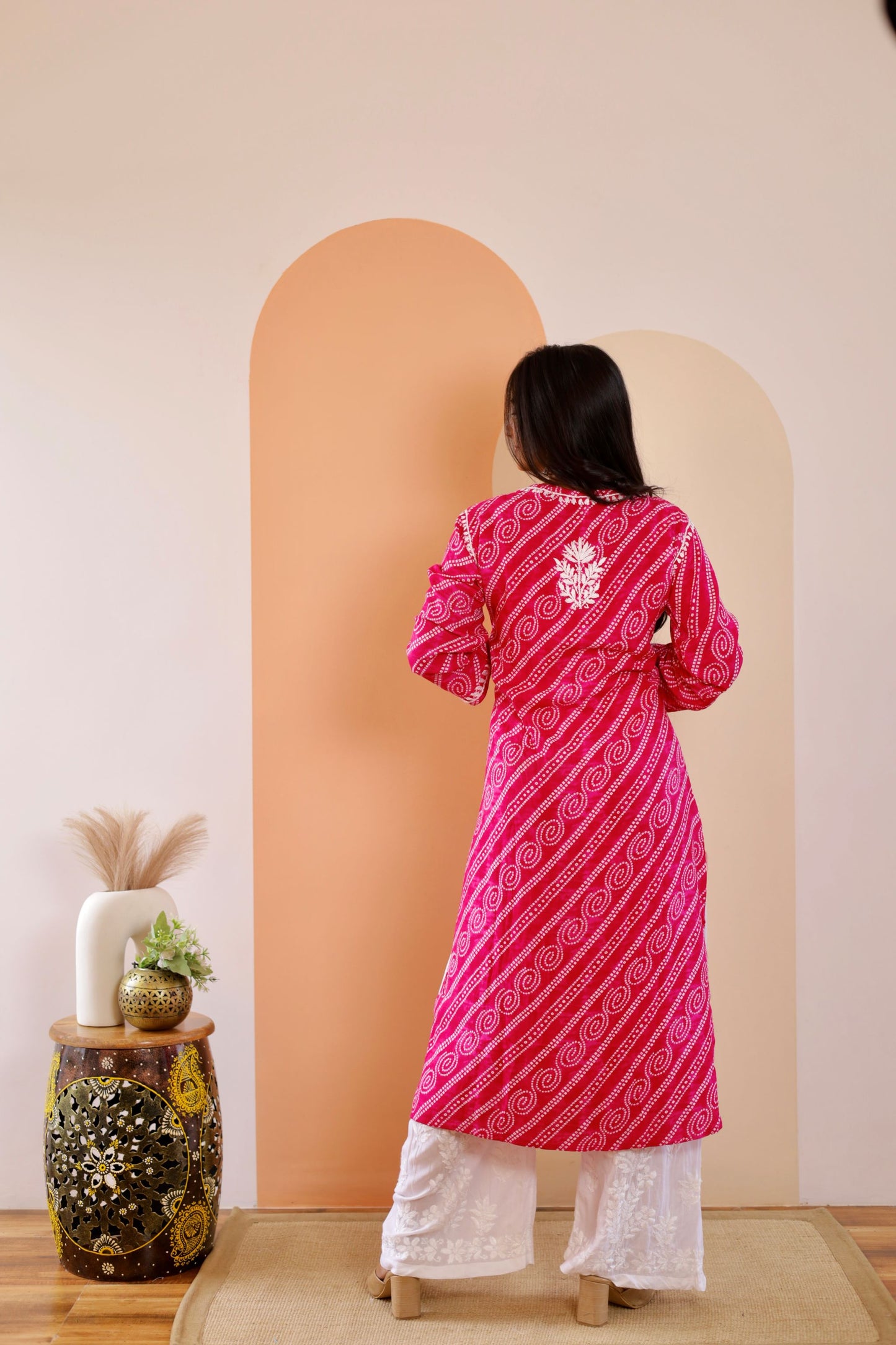 Naaz Long Chikankari Kurti in Hot Pink