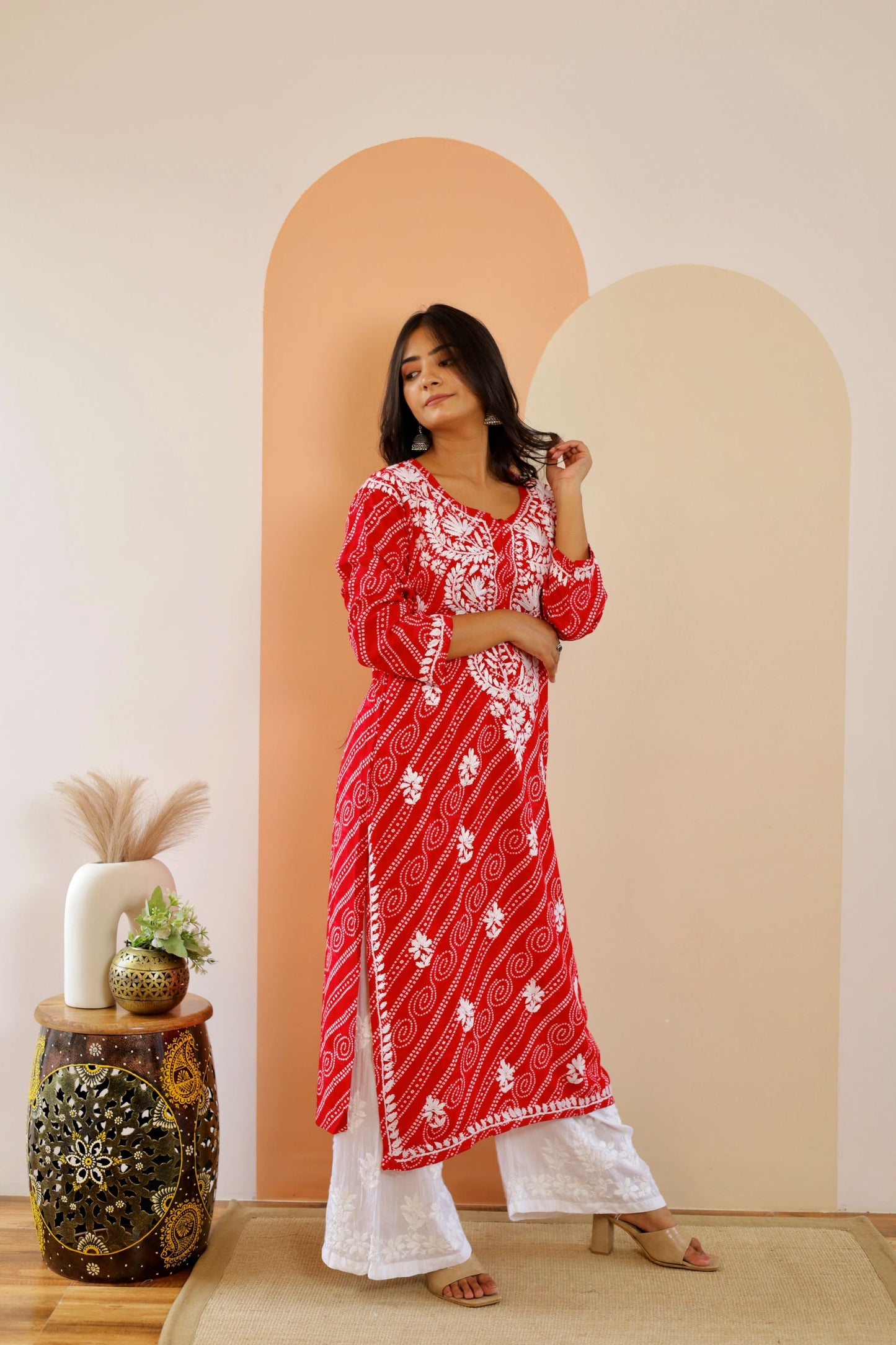 Naaz Long Chikankari Kurti in Red