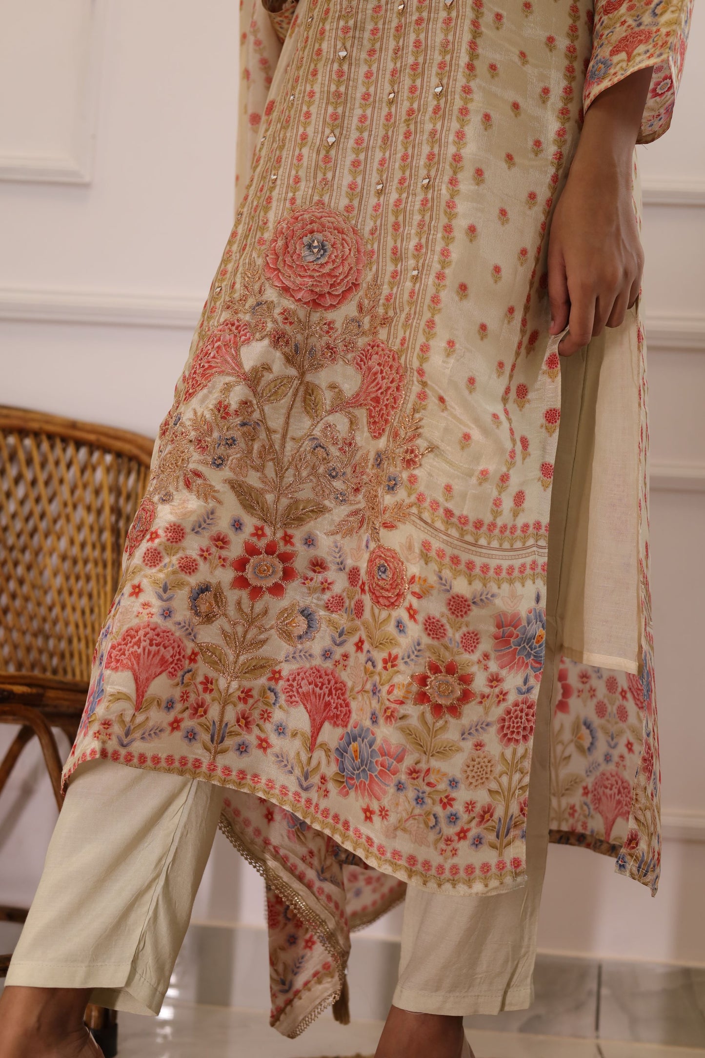 Golden Mirror Work Muslin Suit Set ( Golden ) - Set of 3