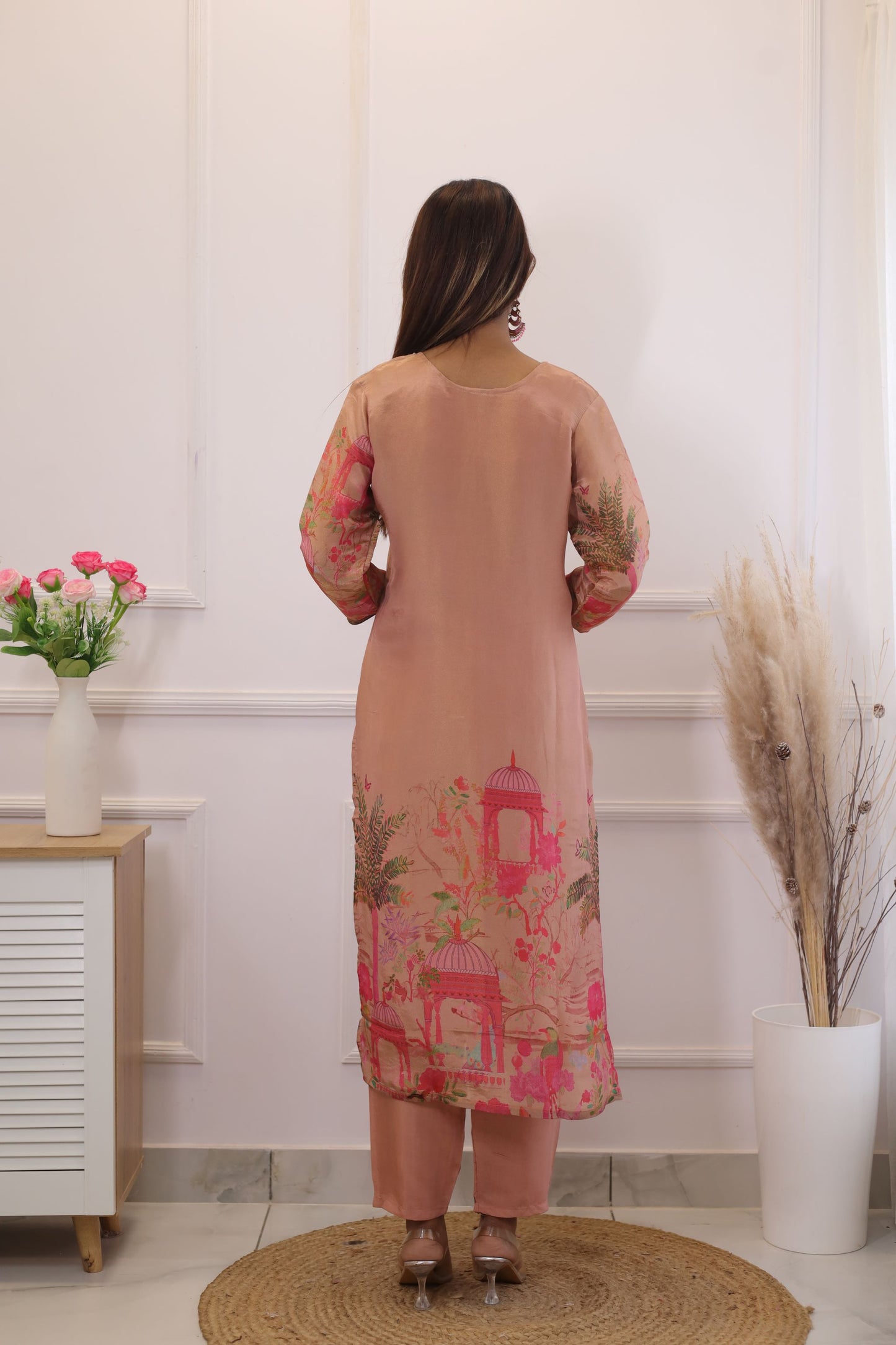 Shimmer Tissue Printed Kurta set (Peach) - set of 3