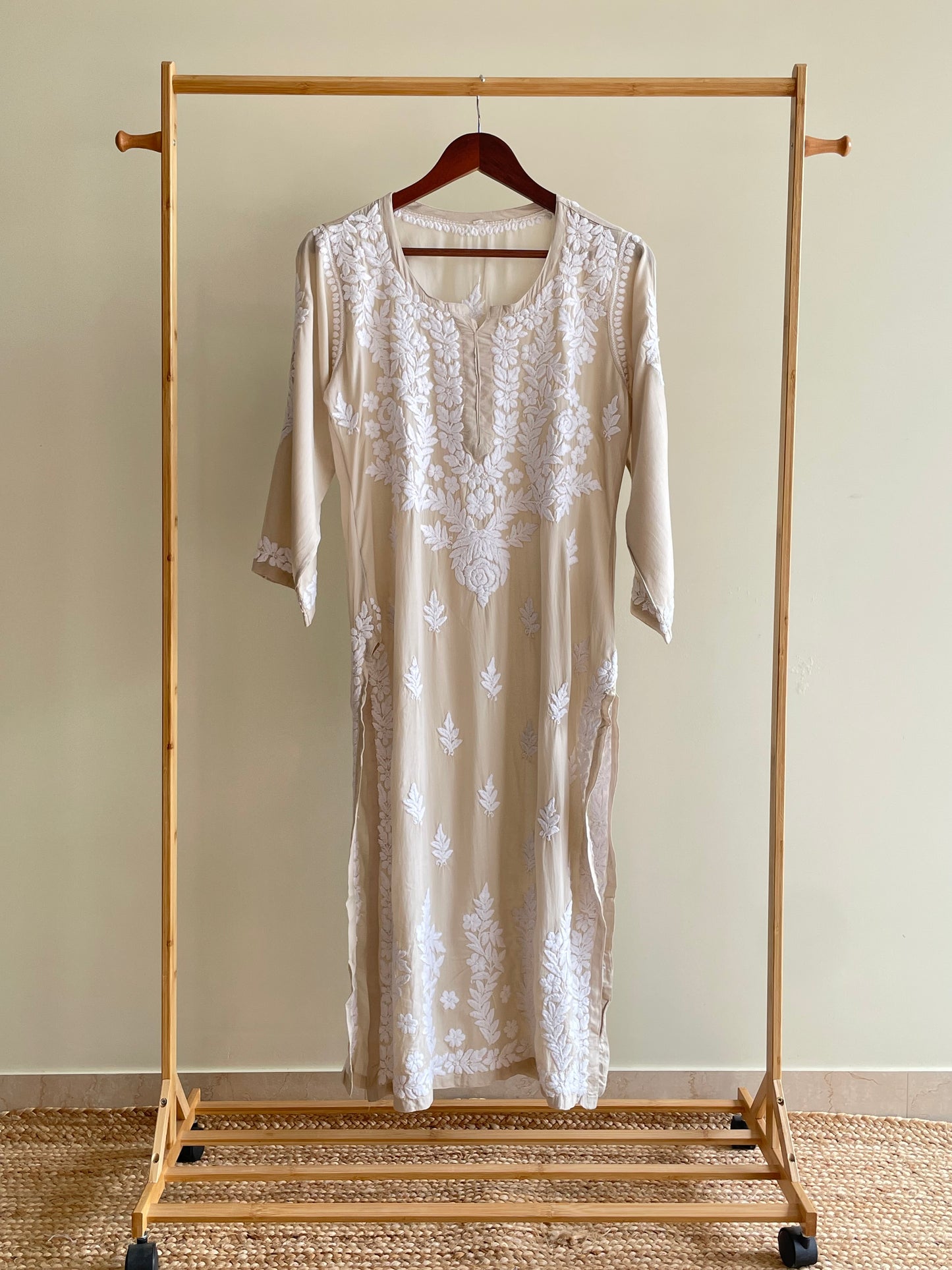 Naira Modal Long Chikankari Kurta(Light Beige)
