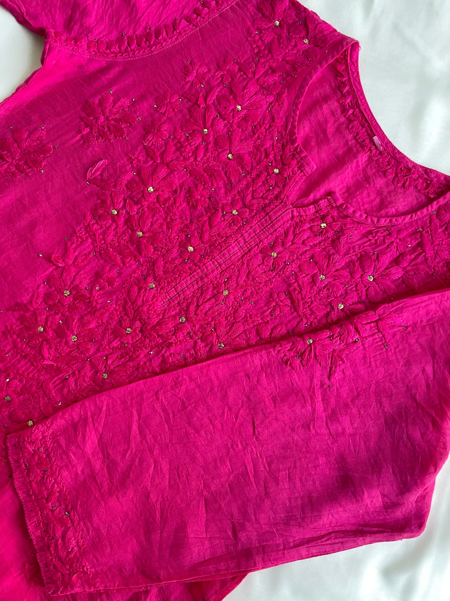 Hayat Mukaish Chanderi Chikankari Kurti ( Hot Pink)