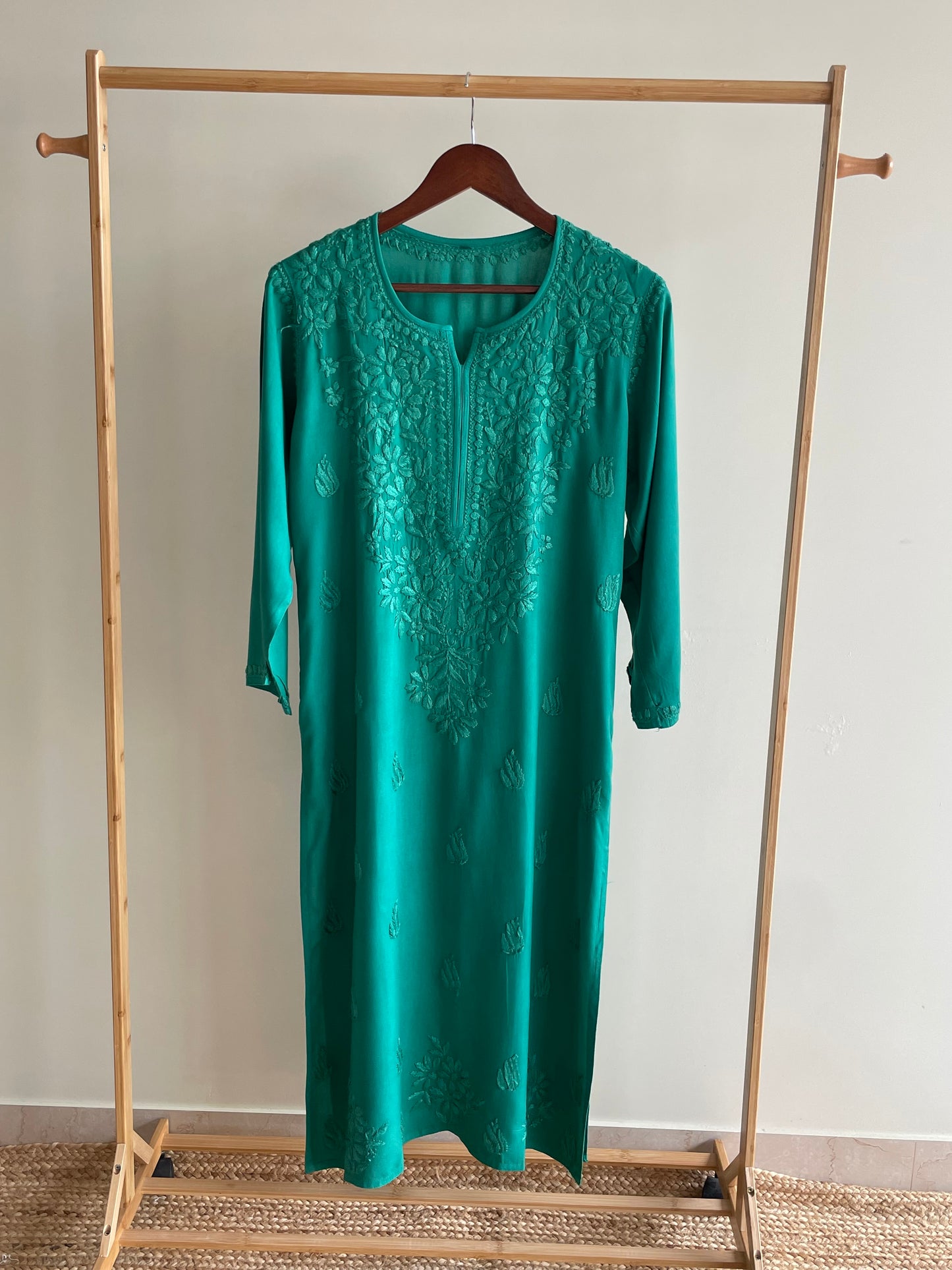 Riza Rayon Chikankari Long Kurta ( Rama Green)