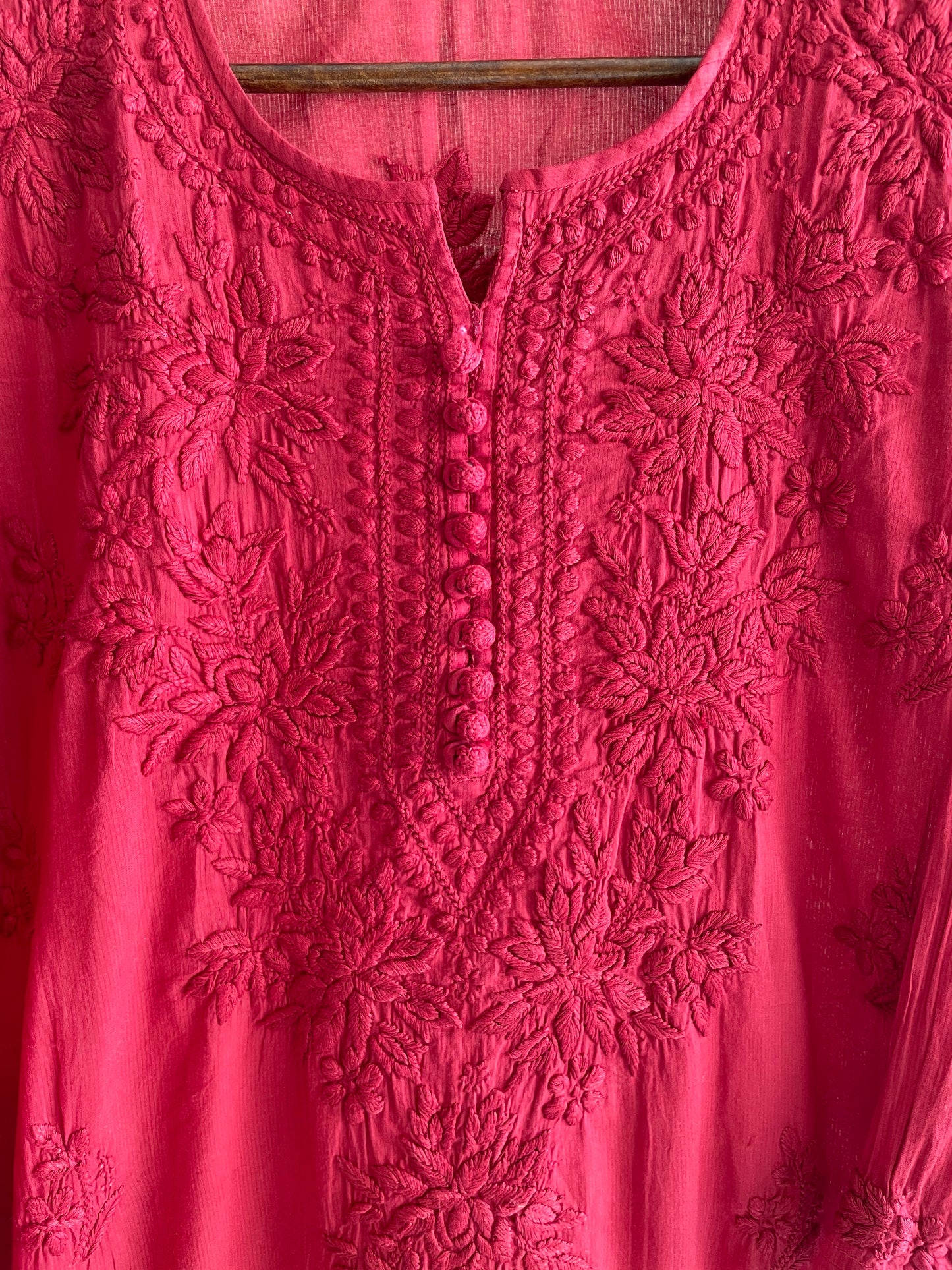 Cotton Potli Button Chikankari Kurti (Red)