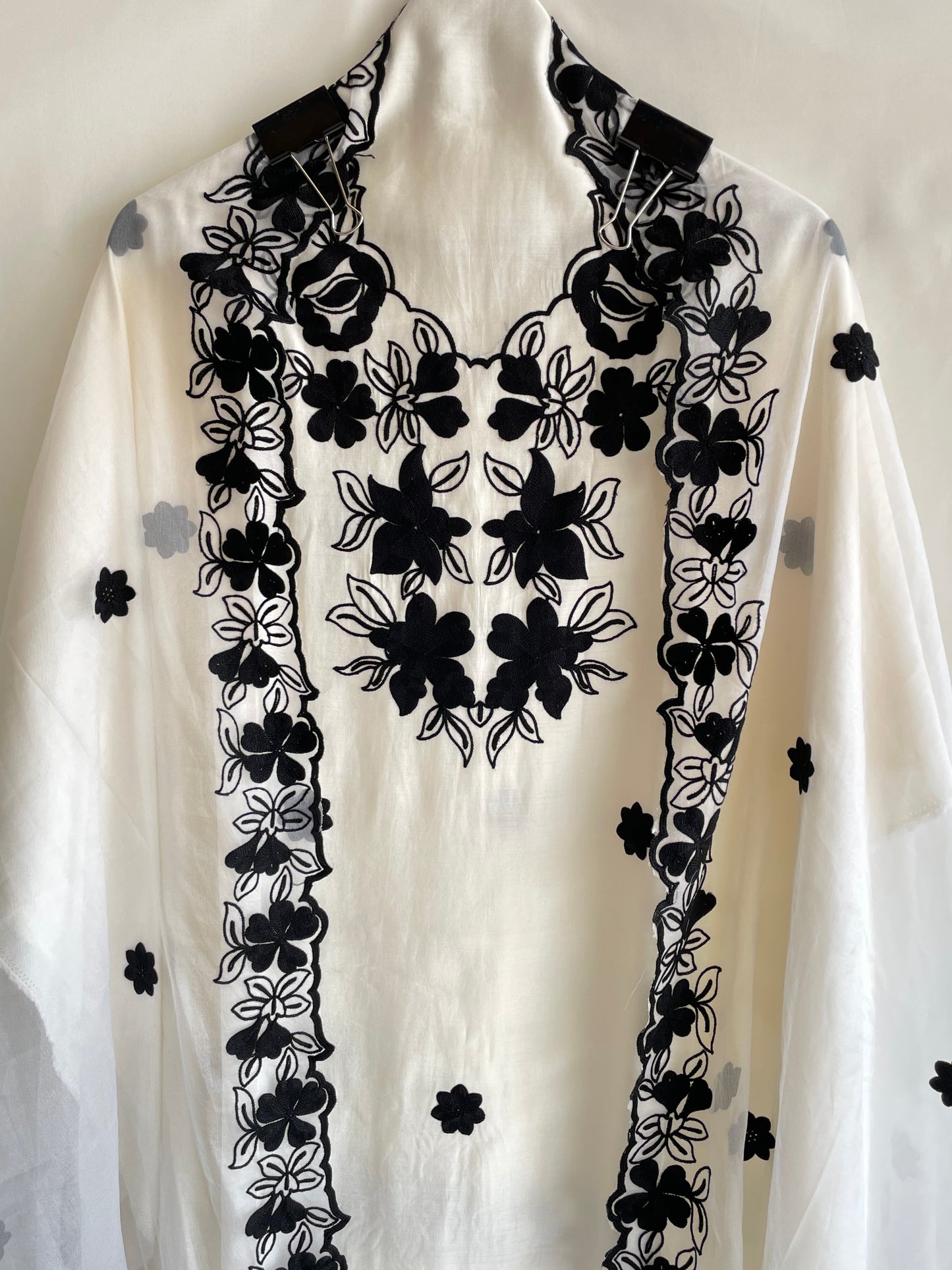 white Unstitched Machine Embroidered suit set with Designer Dupatta