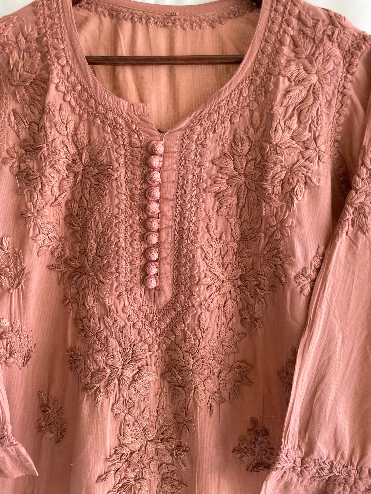 Cotton Polti Button Chikankari kurti (Light Brown)