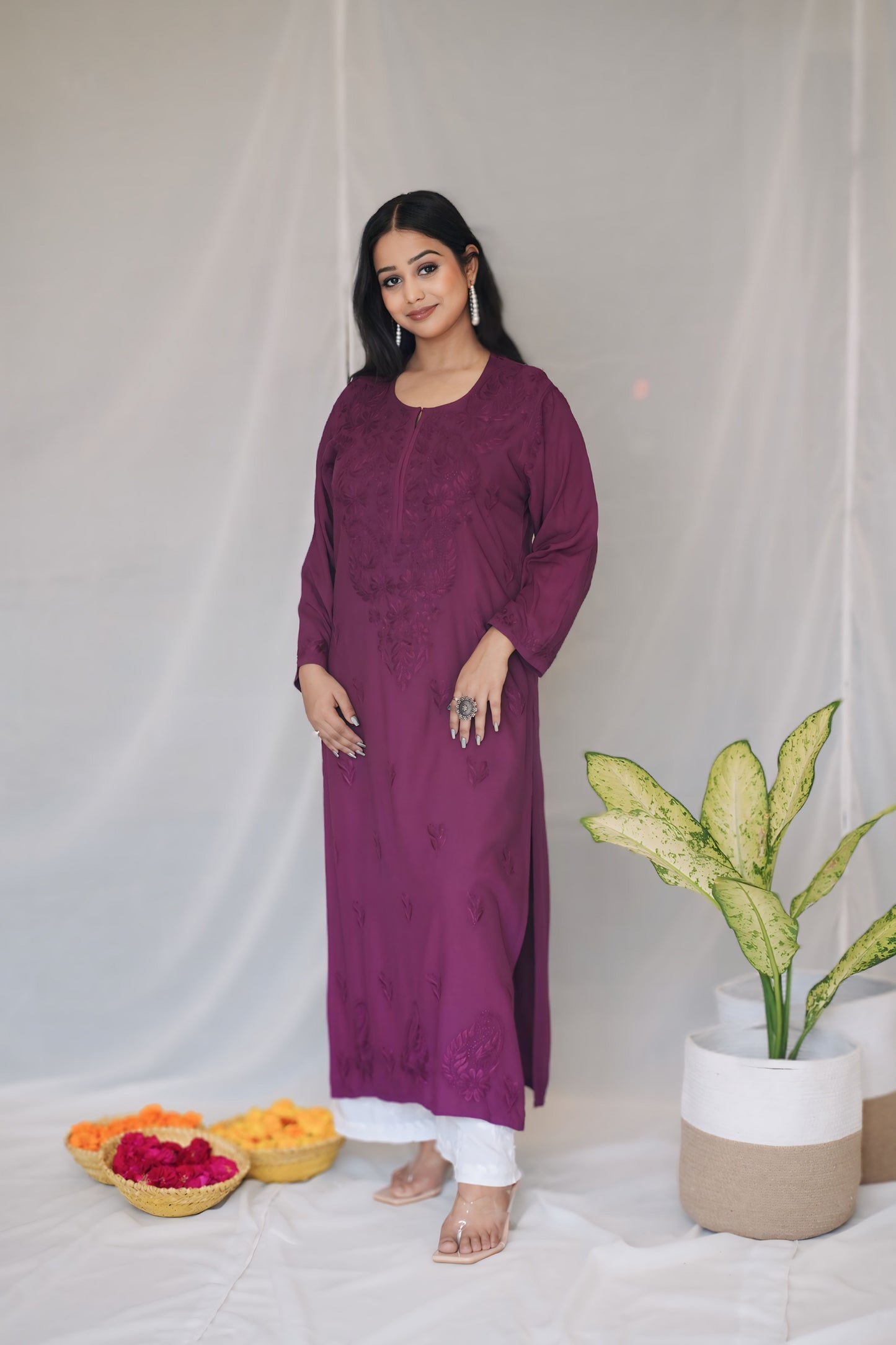 Riza Rayon Chikankari Long Kurta ( Purple)