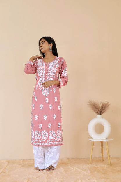 Mahira Modal Long Chikankari Kurti (Dusty Pink)