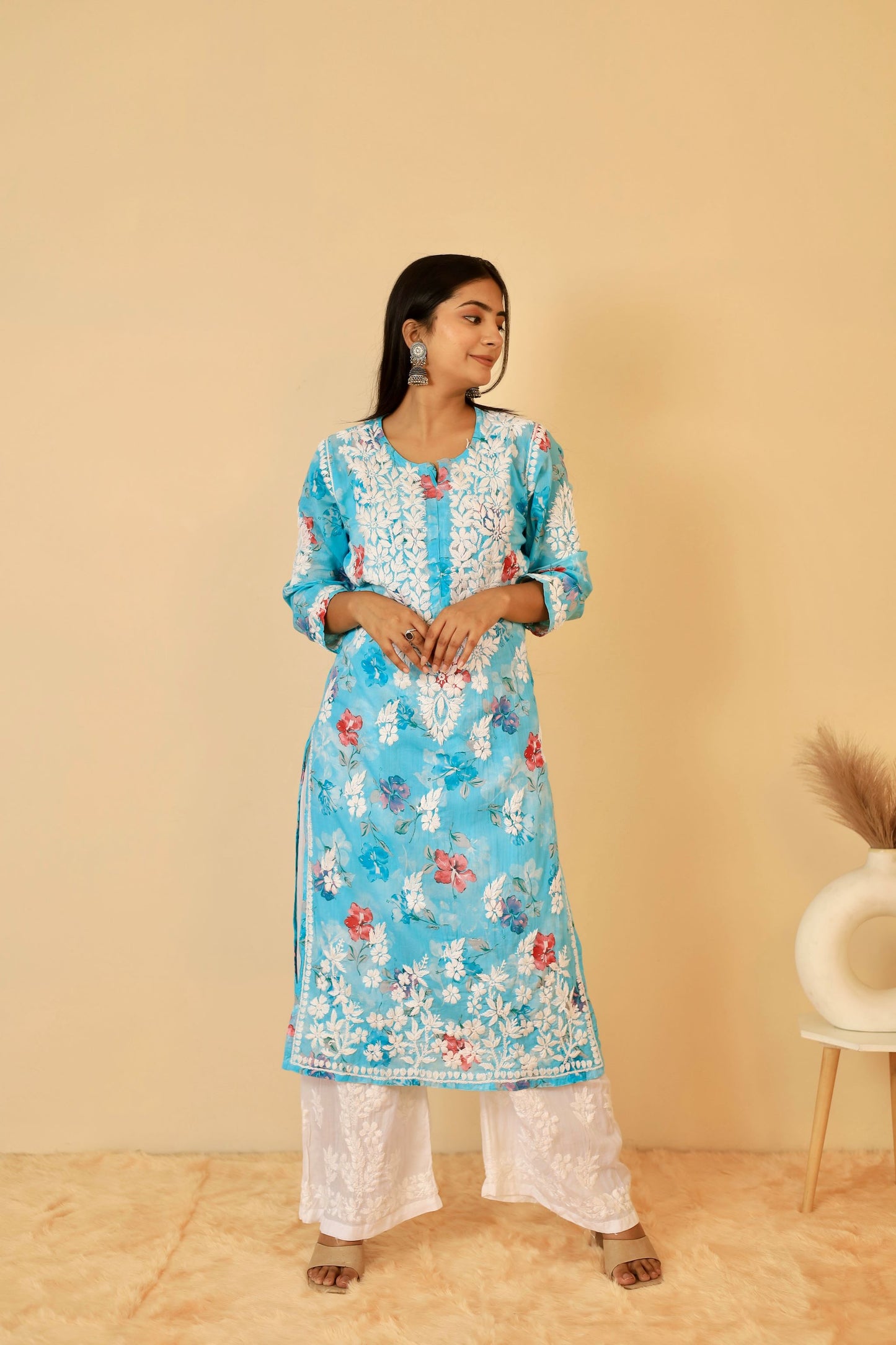 Rahat Long Mul Chikankari Kurti ( Sky Blue)
