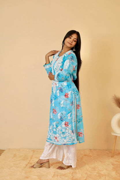 Rahat Long Mul Chikankari Kurti ( Sky Blue)