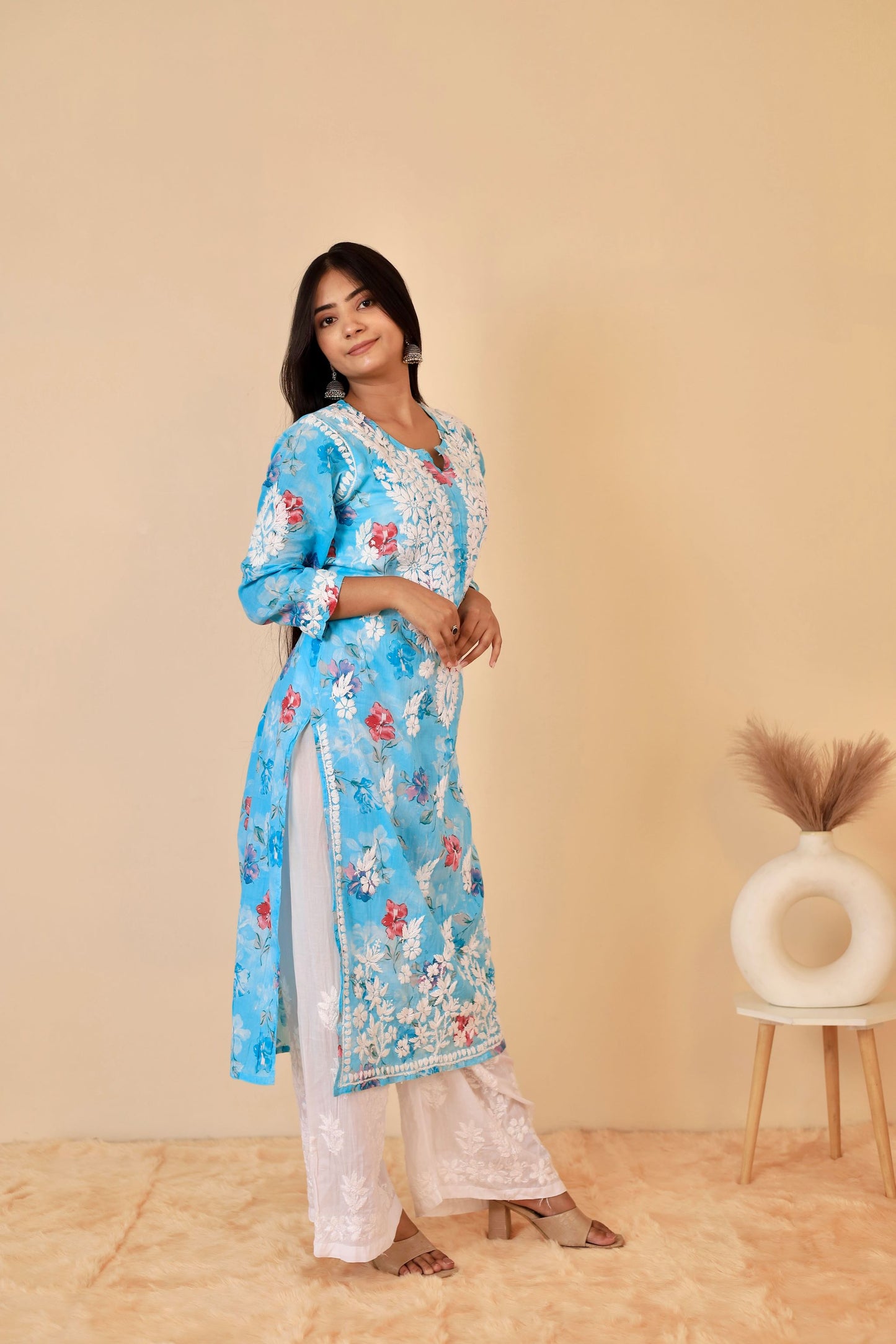 Rahat Long Mul Chikankari Kurti ( Sky Blue)