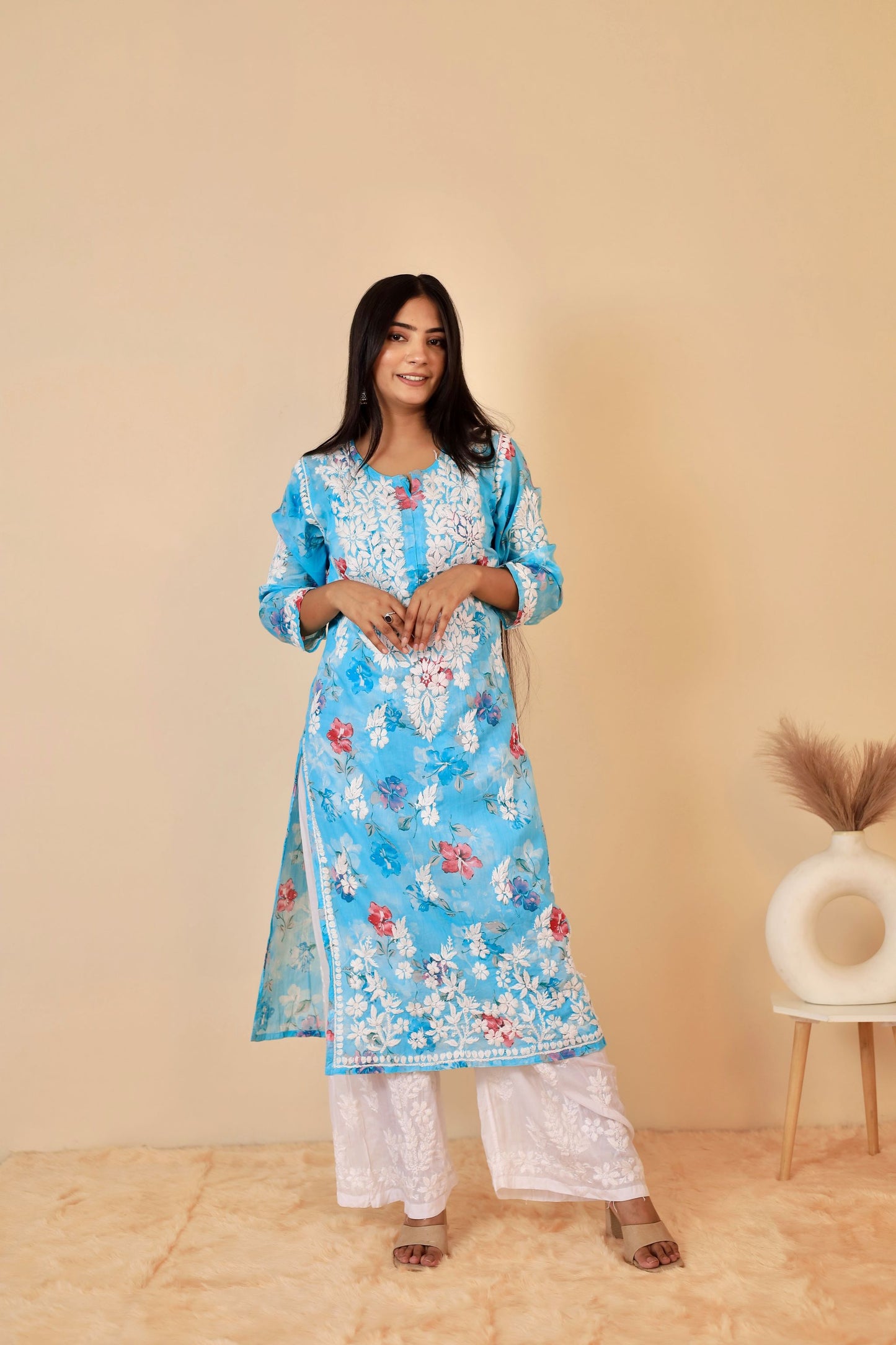 Rahat Long Mul Chikankari Kurti ( Sky Blue)