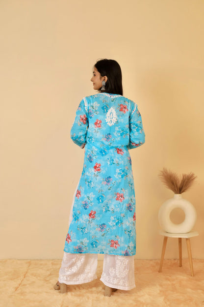 Rahat Long Mul Chikankari Kurti ( Sky Blue)