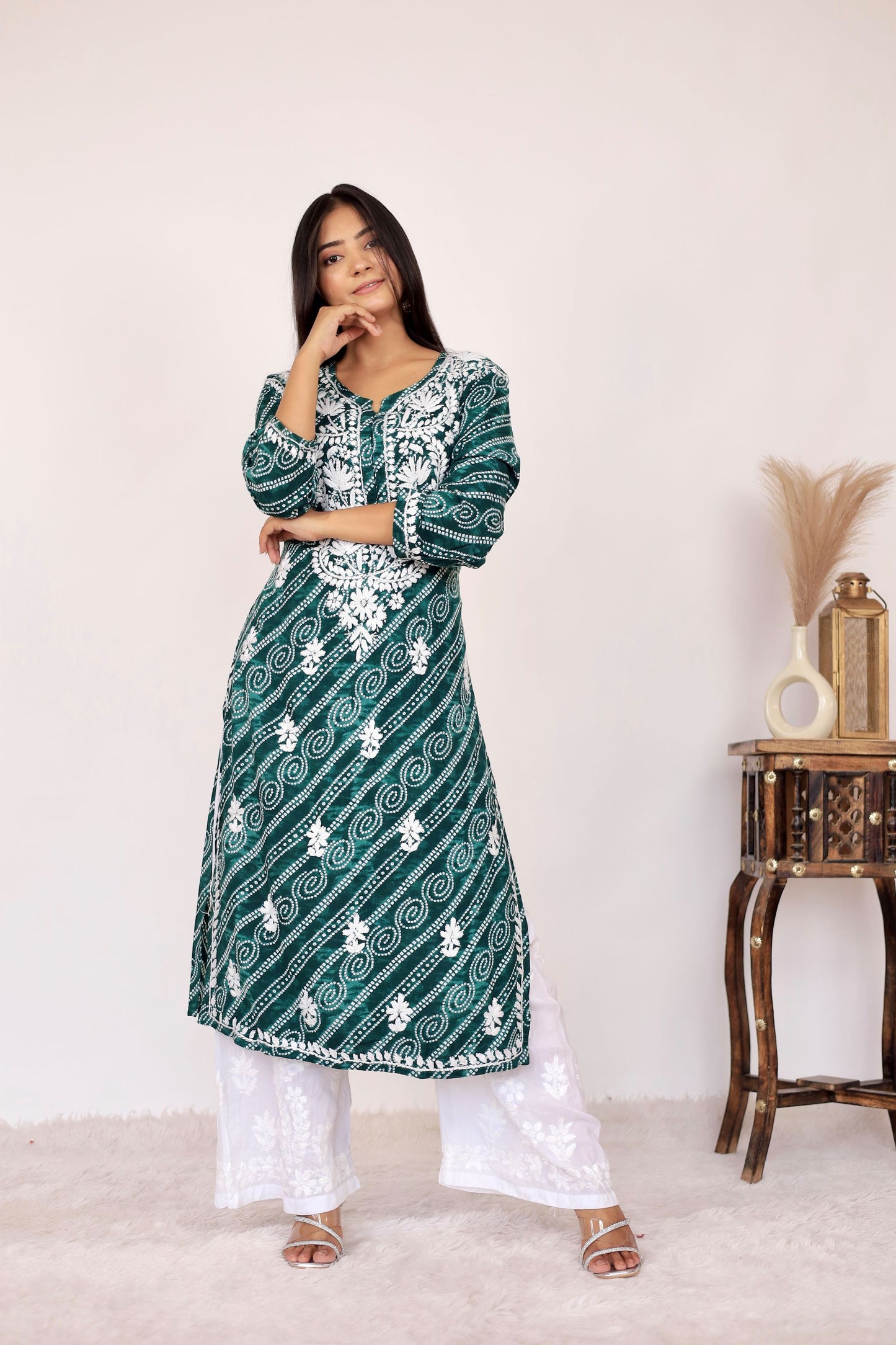 Naaz Long Chikankari Kurti in Green