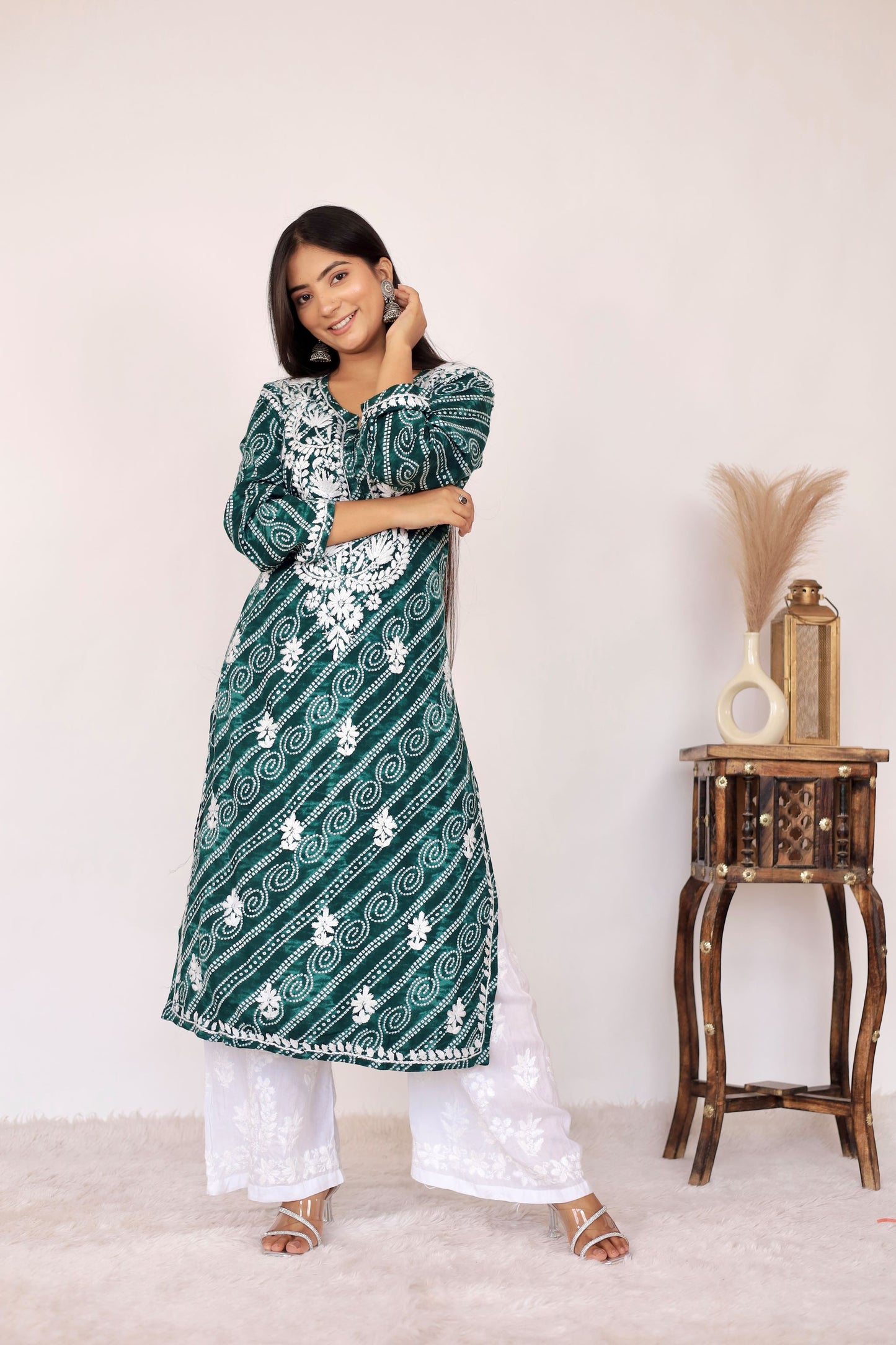 Naaz Long Chikankari Kurti in Green