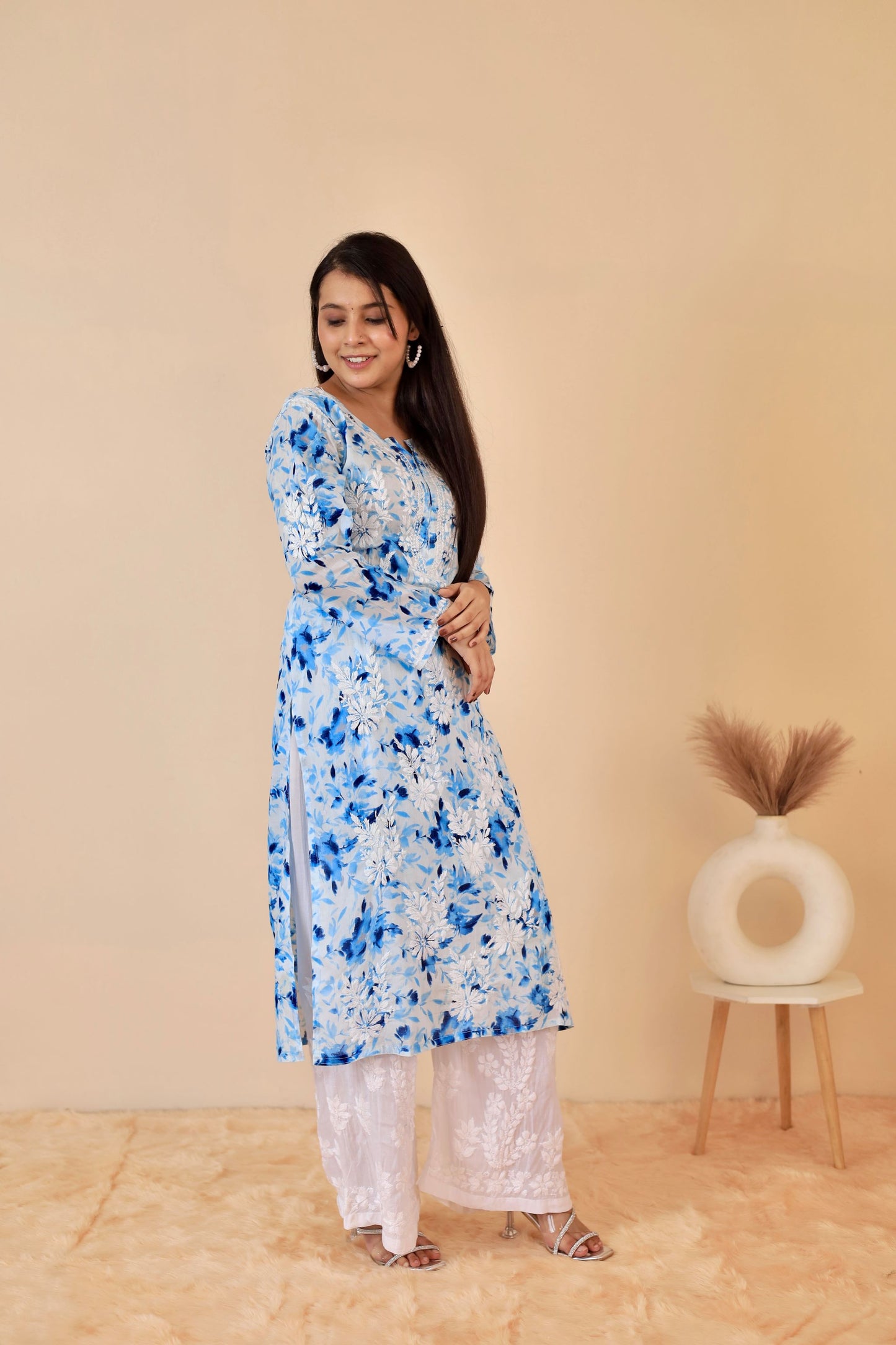 Aisha Mul Long Chikankari kurti ( Blue )