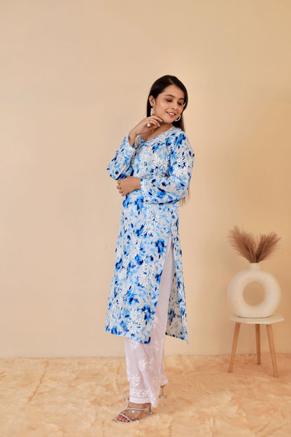 Aisha Mul Long Chikankari kurti ( Blue )