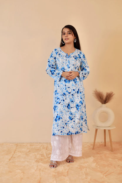 Aisha Mul Long Chikankari kurti ( Blue )