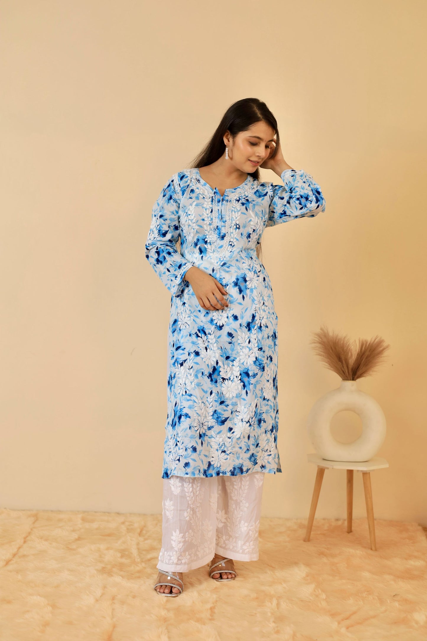 Aisha Mul Long Chikankari kurti ( Blue )