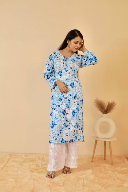 Aisha Mul Long Chikankari kurti ( Blue )