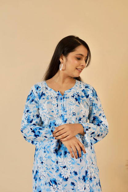 Aisha Mul Long Chikankari kurti ( Blue )