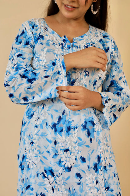 Aisha Mul Long Chikankari kurti ( Blue )