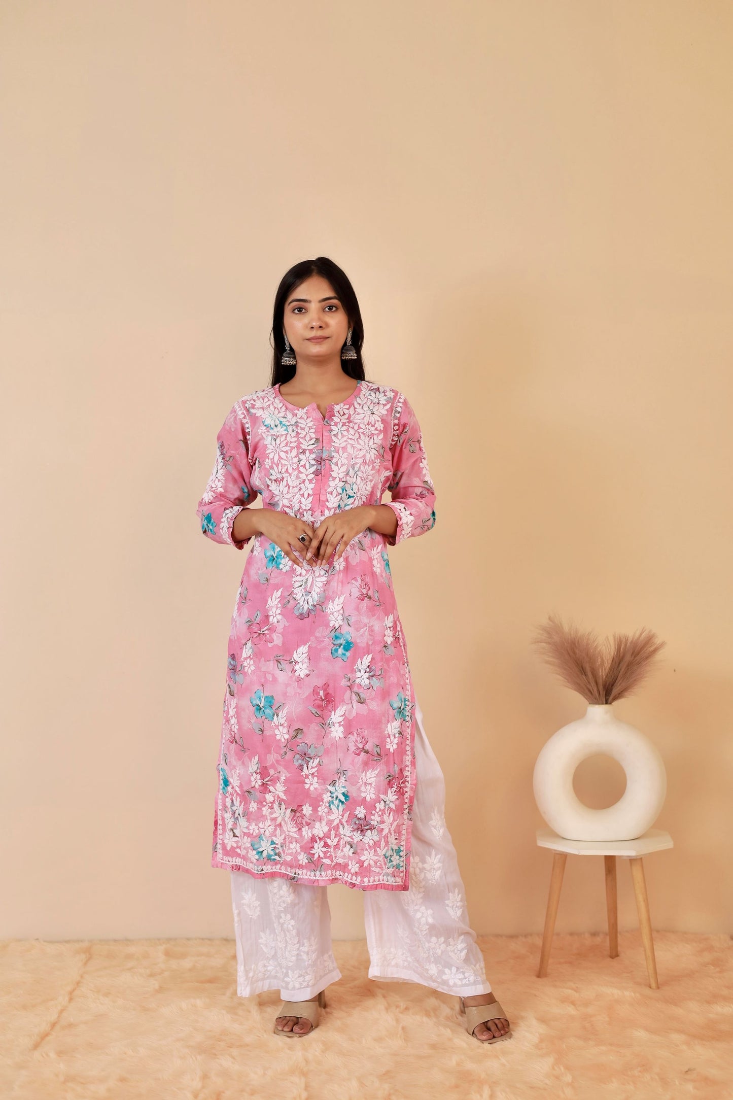 Rahat Long Mul Chukankari Kurti ( Pink)