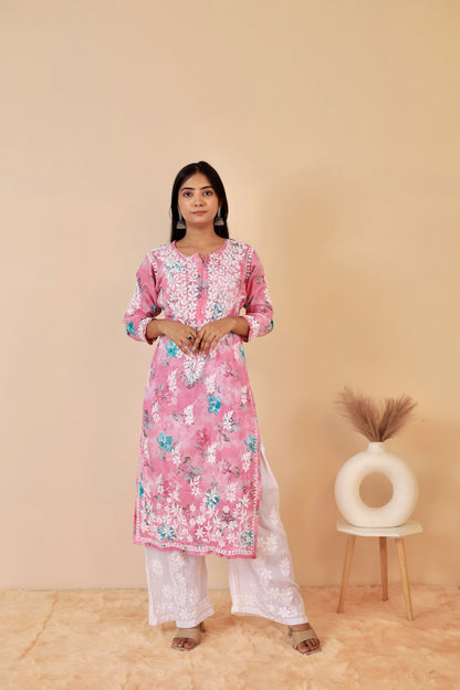Rahat Long Mul Chukankari Kurti ( Pink)