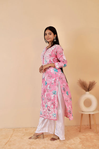 Rahat Long Mul Chukankari Kurti ( Pink)