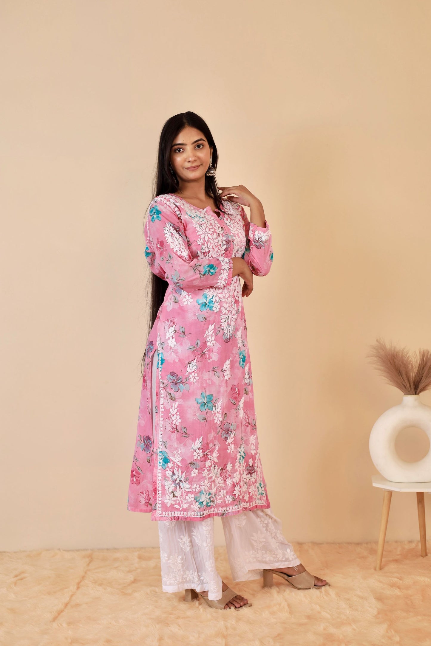 Rahat Long Mul Chukankari Kurti ( Pink)