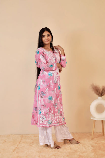 Rahat Long Mul Chukankari Kurti ( Pink)