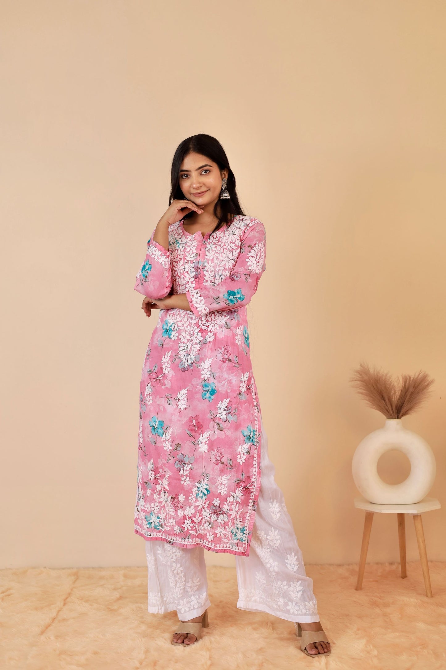 Rahat Long Mul Chukankari Kurti ( Pink)