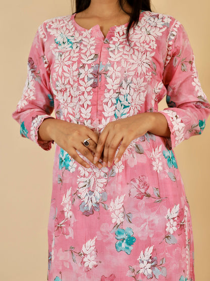 Rahat Long Mul Chukankari Kurti ( Pink)