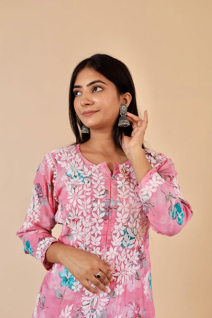 Rahat Long Mul Chukankari Kurti ( Pink)