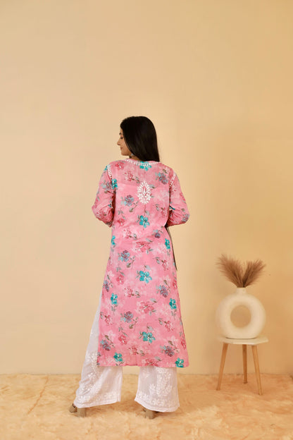 Rahat Long Mul Chukankari Kurti ( Pink)