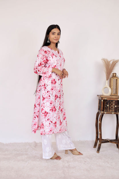 Aisha Mul Long Chikankari Kirti ( Pink)