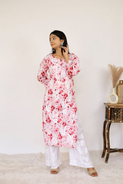 Aisha Mul Long Chikankari Kirti ( Pink)
