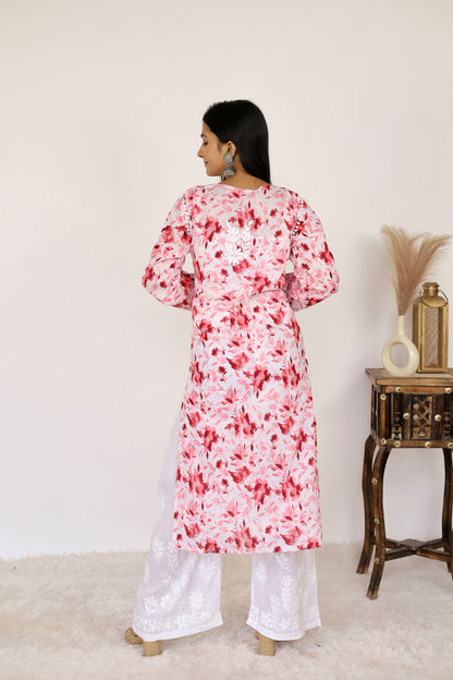 Aisha Mul Long Chikankari Kirti ( Pink)