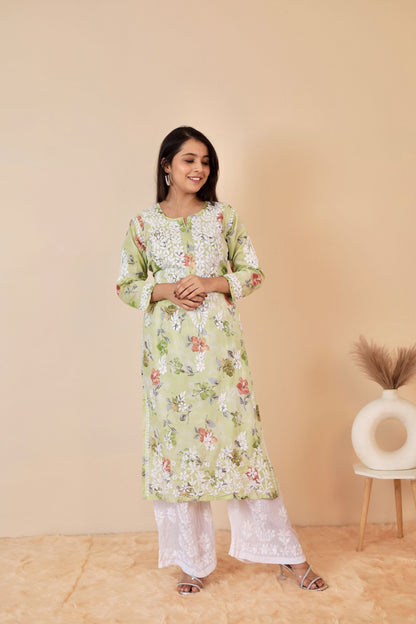 Rahat Long Mul Chikankari Kurti ( Green )