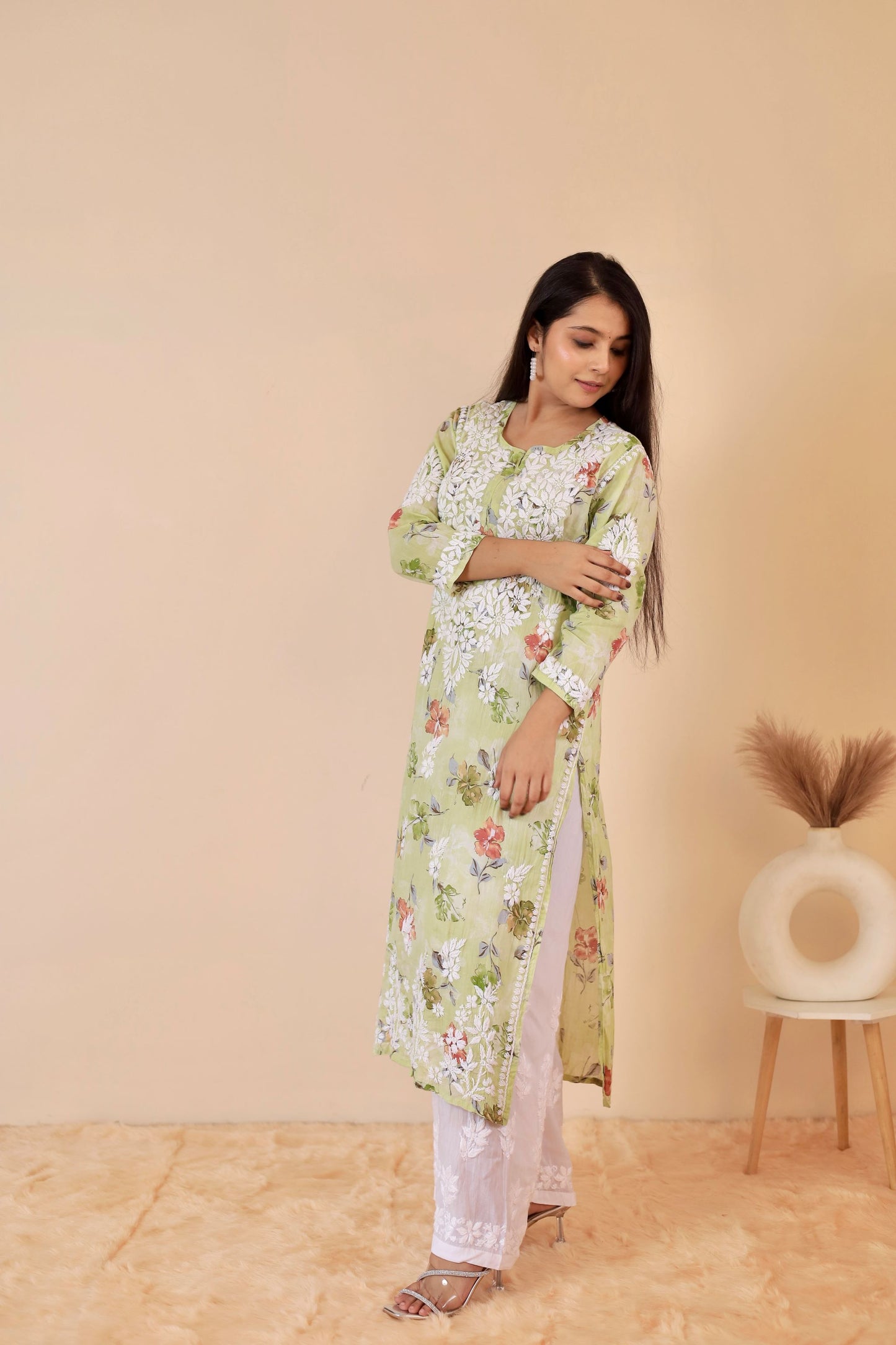 Rahat Long Mul Chikankari Kurti ( Green )