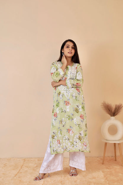 Rahat Long Mul Chikankari Kurti ( Green )
