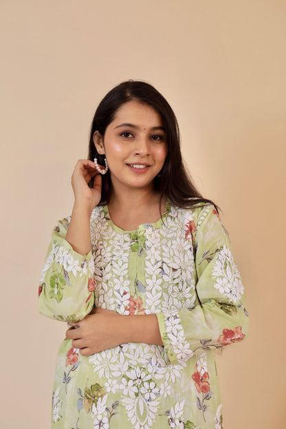 Rahat Long Mul Chikankari Kurti ( Green )