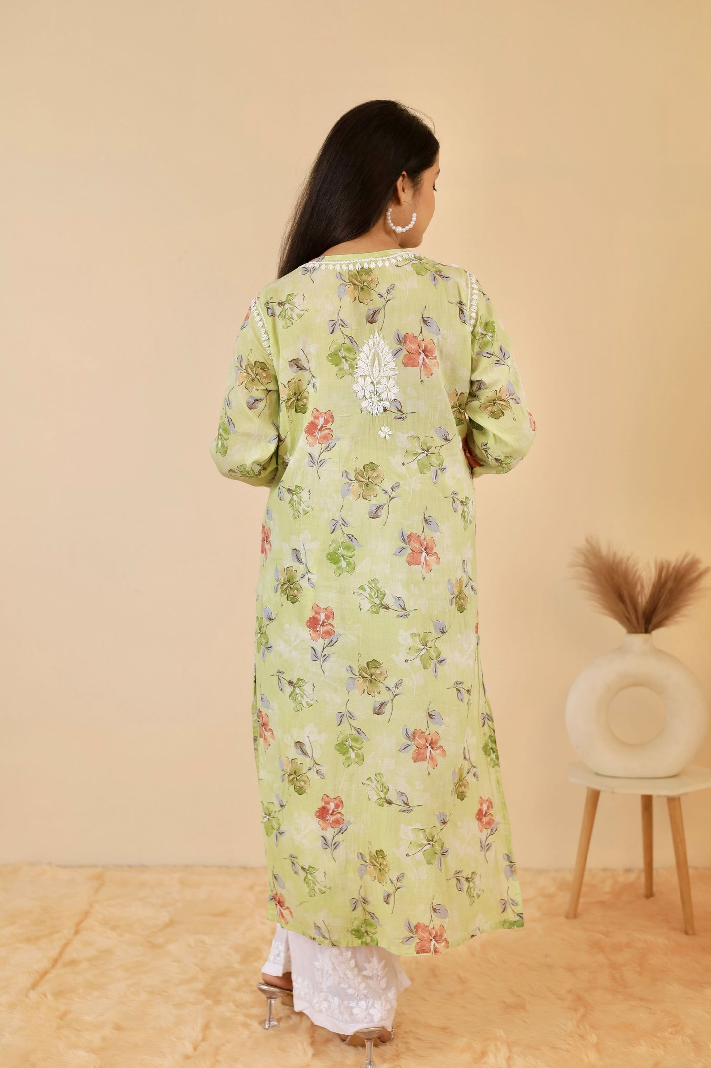 Rahat Long Mul Chikankari Kurti ( Green )