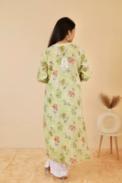 Rahat Long Mul Chikankari Kurti ( Green )