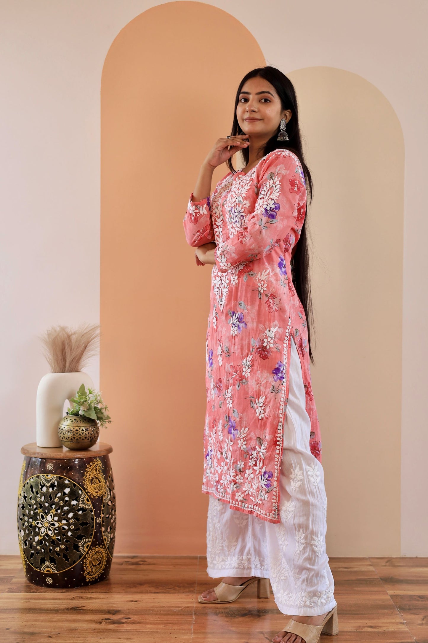 Rahat Long Mul Chikankari Kurti (Carrot pink)