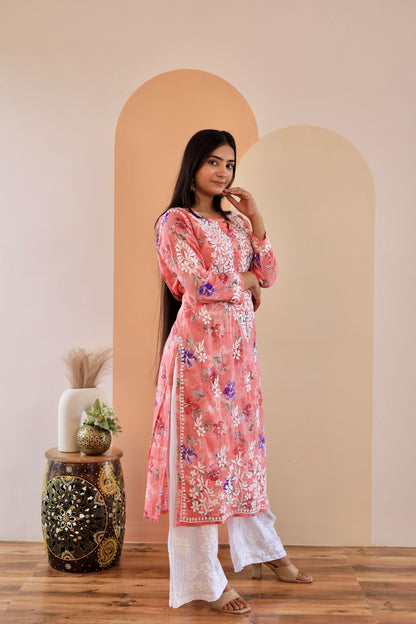 Rahat Long Mul Chikankari Kurti (Carrot pink)