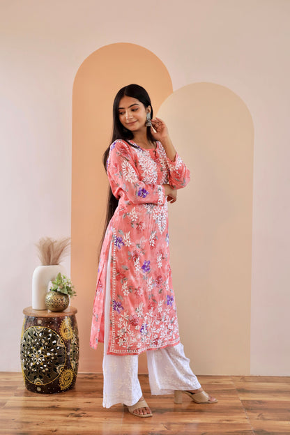 Rahat Long Mul Chikankari Kurti (Carrot pink)