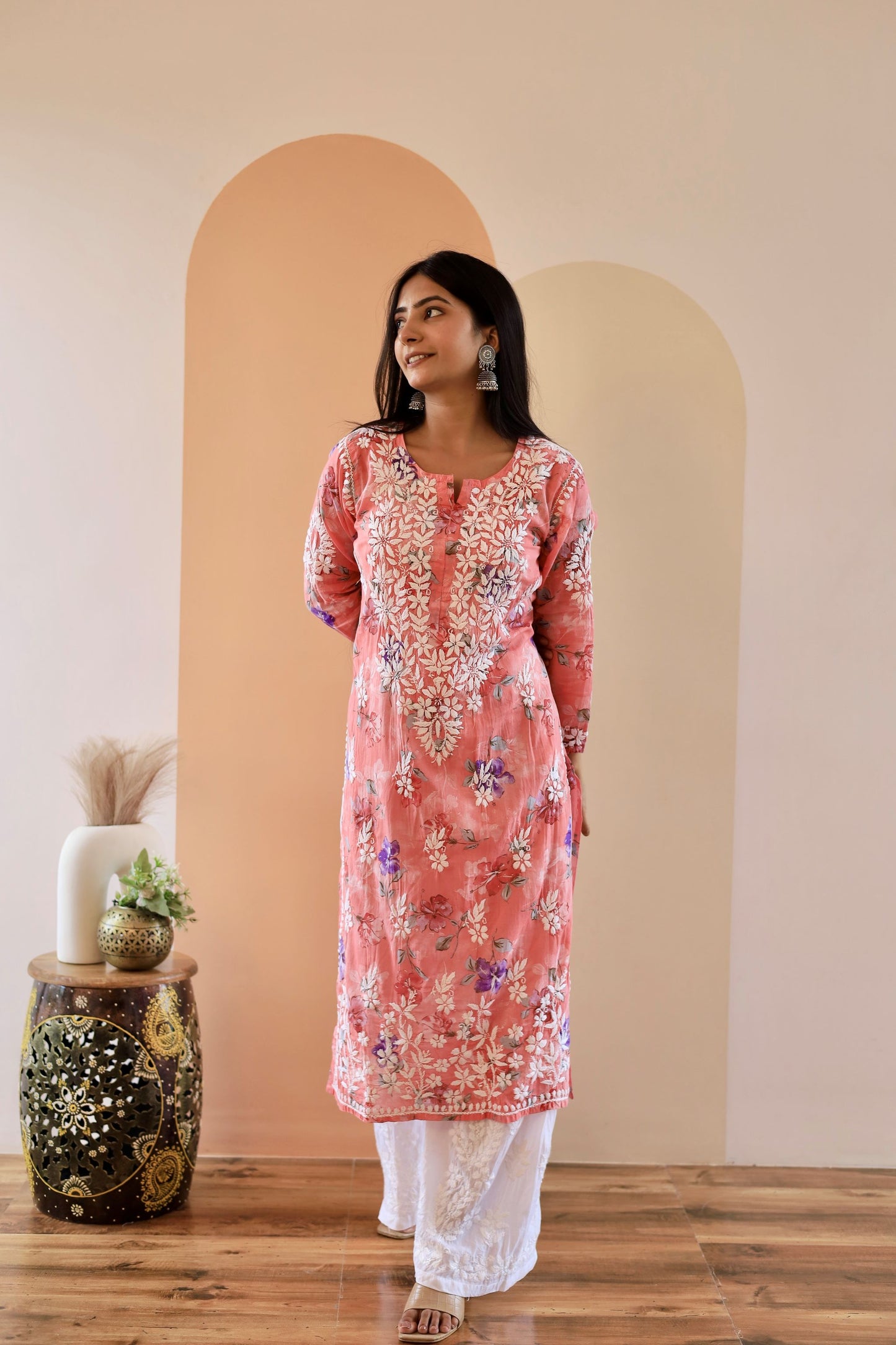 Rahat Long Mul Chikankari Kurti (Carrot pink)